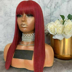 Luxury Red Burgundy Fringe Bangs 100% Human Hair Swiss 13x4 Lace Front Glueless Wig Colouful U-Part, 360 or Full Lace Upgrade Available