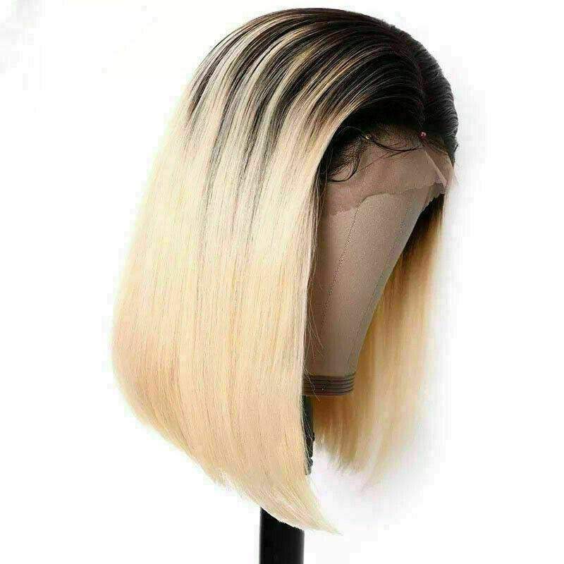 Luxury Platinum Blonde Ombre Bob Human Hair Swiss 13x4 Lace Front Glueless Wig Ash Human U-Part, 360 or Full Lace Upgrade Available