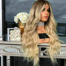Load image into Gallery viewer, Luxury Remy Wavy Light Ash Blonde Ombre 100% Human Hair Swiss 13x4 Lace Front Glueless Wig Wave U-Part, 360 or Full Lace Upgrade Available
