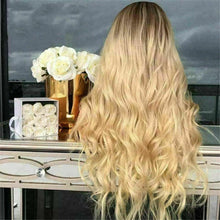 Load image into Gallery viewer, Luxury Remy Wavy Light Ash Blonde Ombre 100% Human Hair Swiss 13x4 Lace Front Glueless Wig Wave U-Part, 360 or Full Lace Upgrade Available

