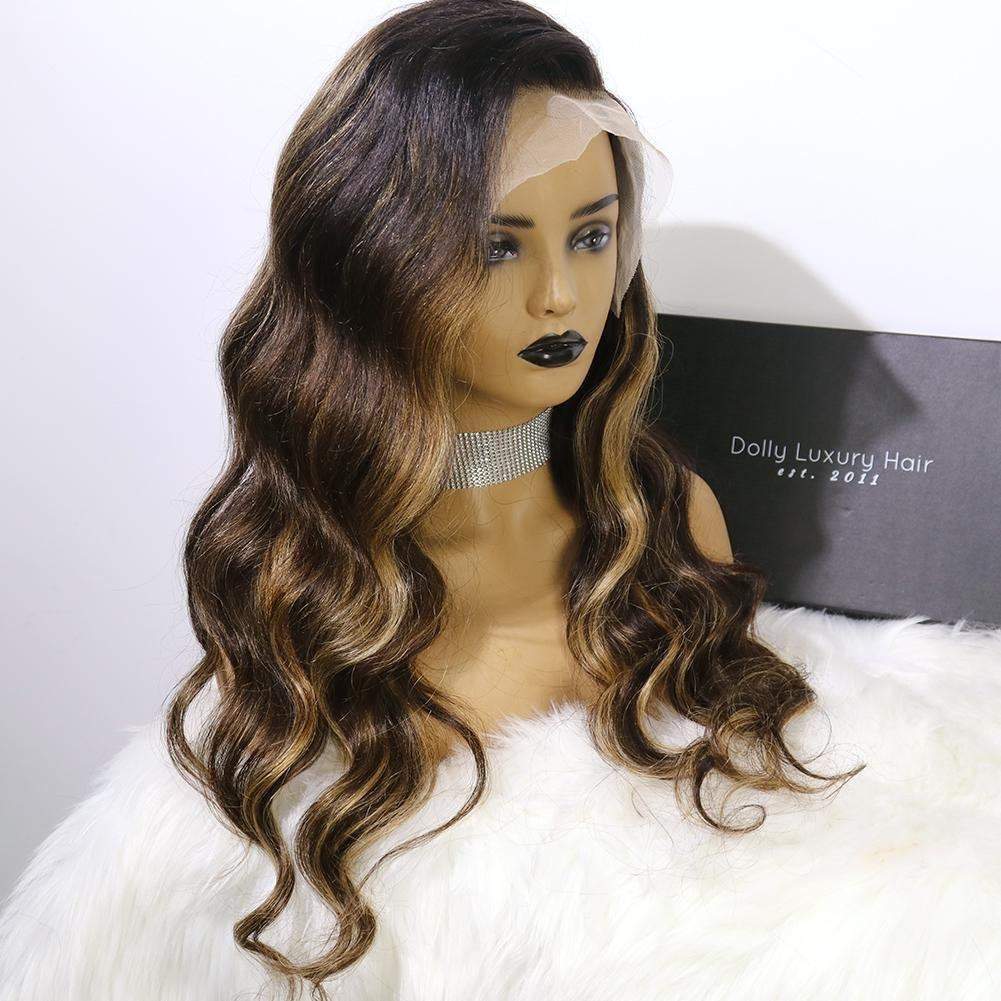 Luxury Remy Dark Brown Ash Blonde 100% Human Hair Swiss 13x4 Lace Front Wig Balayage Highlight U-Part, 360 or Full Lace Upgrade Available