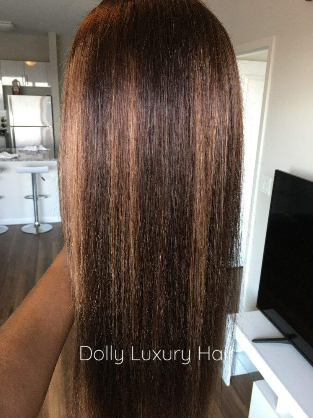 Luxury Dark and Light Brown Balayage Highlight Blonde 100% Human Hair Swiss 13x4 Lace Front Wig U-Part, 360 or Full Lace Upgrade Available