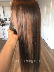 Luxury Dark and Light Brown Balayage Highlight Blonde 100% Human Hair Swiss 13x4 Lace Front Wig U-Part, 360 or Full Lace Upgrade Available