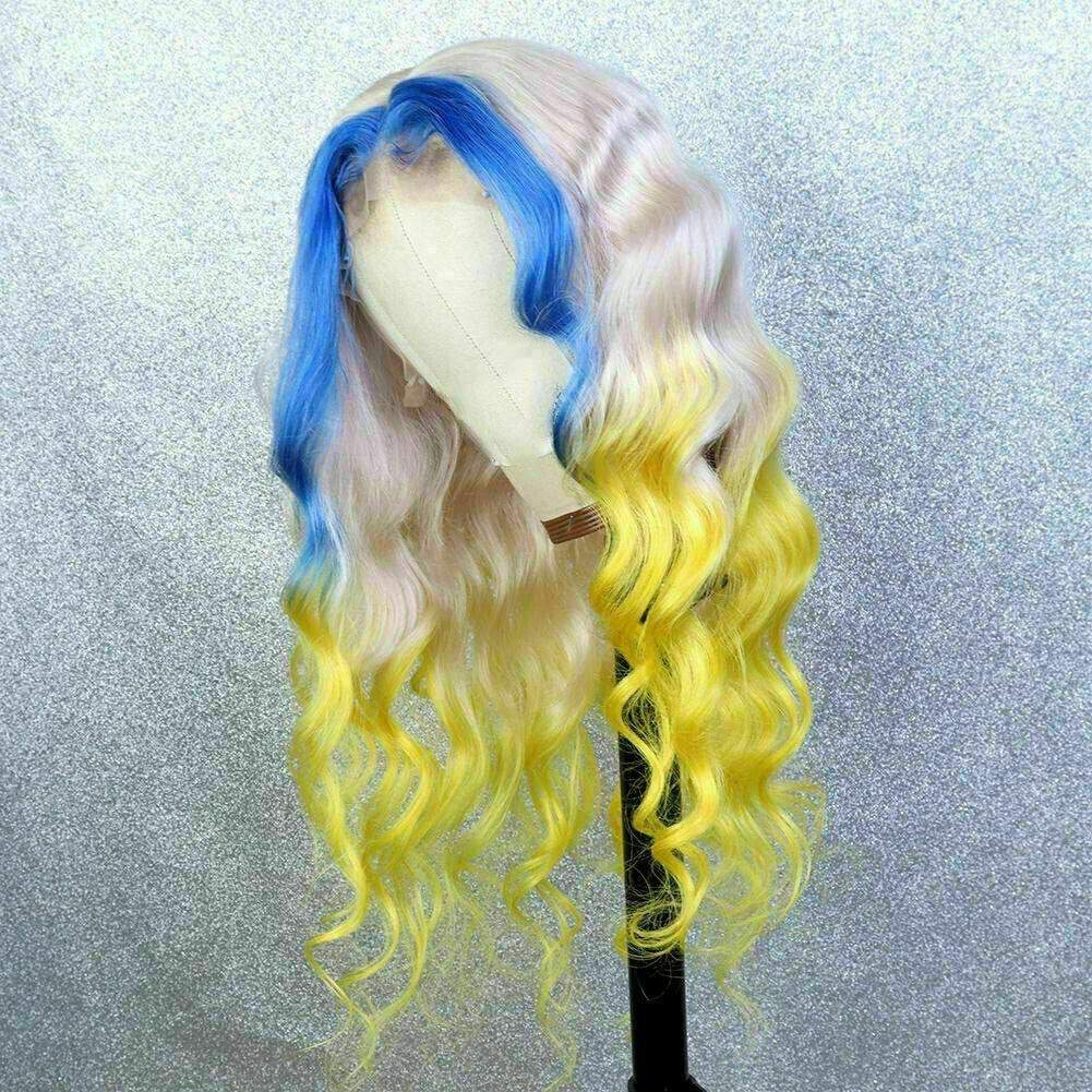 Luxury Colorful Blue Yellow Blonde Bright 100% Human Hair Swiss 13x4 Lace Front Glueless Wig Colouful U-Part or Full Lace Upgrade Available