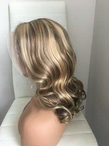 Luxury Chocolate Brown Light Blonde Balayage Highlight 100% Human Hair Swiss 13x4 Lace Front Wig U-Part, 360 or Full Lace Upgrade Available