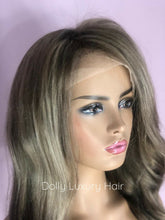 Load image into Gallery viewer, Luxury Dark Ash Brown Balayage Highlight 100% Human Hair Swiss 13x4 Lace Front Wig Wavy Blonde U-Part, 360 or Full Lace Upgrade Available
