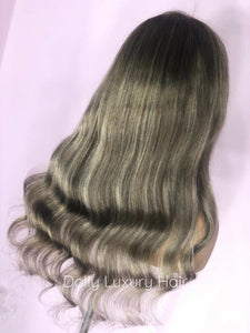 Luxury Dark Ash Brown Balayage Highlight 100% Human Hair Swiss 13x4 Lace Front Wig Wavy Blonde U-Part, 360 or Full Lace Upgrade Available