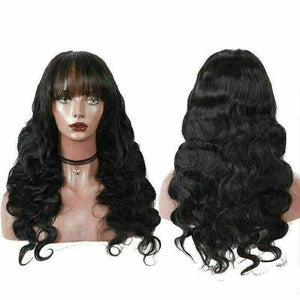 Luxury Brazilian Remy Fringe Bangs Wavy #1B Black 100% Human Hair Swiss 13x4 Lace Front Glueless Wig U-Part, 360 or Full Lace Upgrade Available
