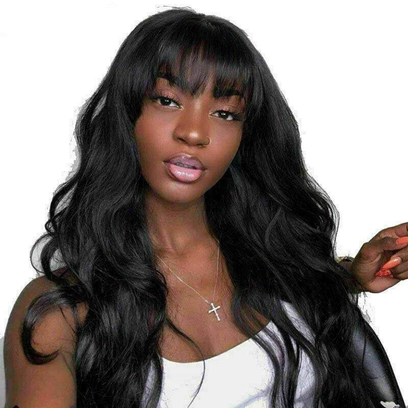 Luxury Brazilian Remy Fringe Bangs Wavy #1B Black 100% Human Hair Swiss 13x4 Lace Front Glueless Wig U-Part, 360 or Full Lace Upgrade Available