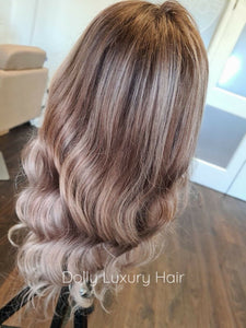 Luxury Chestnut Medium Brown Blonde Balayage Highlight 100% Human Hair Swiss 13x4 Lace Front Wig U-Part, 360 or Full Lace Upgrade Available