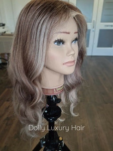 Luxury Chestnut Medium Brown Blonde Balayage Highlight 100% Human Hair Swiss 13x4 Lace Front Wig U-Part, 360 or Full Lace Upgrade Available