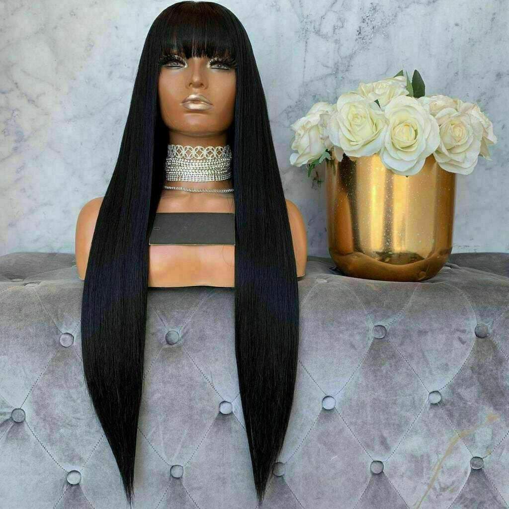 Luxury Remy Fringe Bangs #1B Natural Black Black 100% Human Hair Swiss 13x4 Lace Front Glueless Wig U-Part, 360 or Full Lace Upgrade Available
