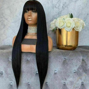 Luxury Remy Fringe Bangs #1B Natural Black Black 100% Human Hair Swiss 13x4 Lace Front Glueless Wig U-Part, 360 or Full Lace Upgrade Available