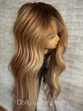 Load image into Gallery viewer, KARMEL | Luxe Golden Blonde Balayage Human Hair Swiss 13x4 Lace Front Wig Bleached Knots Transparent Lace Light Brown Full Lace Upgrade Available
