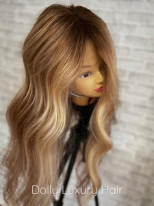 KARMEL | Luxe Golden Blonde Balayage Human Hair Swiss 13x4 Lace Front Wig Bleached Knots Transparent Lace Light Brown Full Lace Upgrade Available
