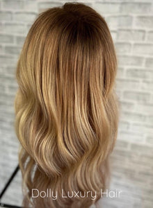 KARMEL | Luxe Golden Blonde Balayage Human Hair Swiss 13x4 Lace Front Wig Bleached Knots Transparent Lace Light Brown Full Lace Upgrade Available