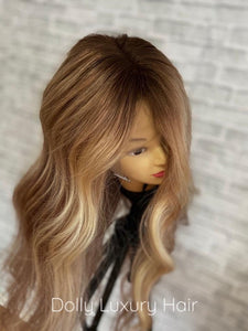 KARMEL | Luxe Golden Blonde Balayage Human Hair Swiss 13x4 Lace Front Wig Bleached Knots Transparent Lace Light Brown Full Lace Upgrade Available