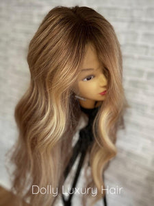 KARMEL | Luxe Golden Blonde Balayage Human Hair Swiss 13x4 Lace Front Wig Bleached Knots Transparent Lace Light Brown Full Lace Upgrade Available