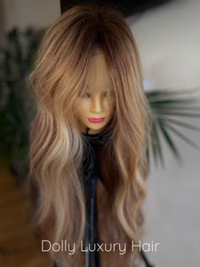 KARMEL | Luxe Golden Blonde Balayage Human Hair Swiss 13x4 Lace Front Wig Bleached Knots Transparent Lace Light Brown Full Lace Upgrade Available
