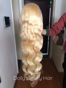 Luxury 30” 32” 34” 36” 38” 40” inches Platinum Bleach Blonde #613 Virgin Human Hair Swiss 13x4 Lace Front Glueless Wig Human Body Wave Long