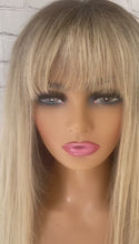 Load and play video in Gallery viewer, READY TO SHIP 24” 180% Full Lace Ash Blonde Light Golden Balayage Highlighted Human Hair Wig Full Fringe Bangs Layers
