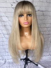 Load image into Gallery viewer, READY TO SHIP 24” 180% Full Lace Ash Blonde Light Golden Balayage Highlighted Human Hair Wig Full Fringe Bangs Layers
