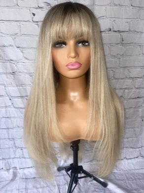 READY TO SHIP 24” 180% Full Lace Ash Blonde Light Golden Balayage Highlighted Human Hair Wig Full Fringe Bangs Layers