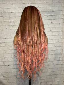 READY TO SHIP 28 180% Full Lace Pink & Brown Balayage Highlighted Human Hair Wig