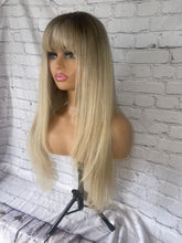 Load image into Gallery viewer, READY TO SHIP 24” 180% Full Lace Ash Blonde Light Golden Balayage Highlighted Human Hair Wig Full Fringe Bangs Layers

