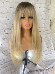 READY TO SHIP 24” 180% Full Lace Ash Blonde Light Golden Balayage Highlighted Human Hair Wig Full Fringe Bangs Layers