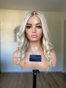 READY TO SHIP 16” 130% Small Cap Ash Blonde Light Platinum Balayage Highlighted Human Hair Wig Full Fringe Bangs Layers 13x4 Lace Front
