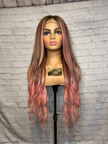 READY TO SHIP 28 180% Full Lace Pink & Brown Balayage Highlighted Human Hair Wig