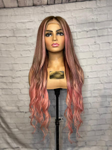 READY TO SHIP 28 180% Full Lace Pink & Brown Balayage Highlighted Human Hair Wig