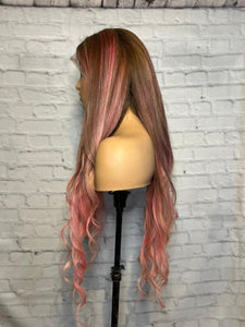 READY TO SHIP 28 180% Full Lace Pink & Brown Balayage Highlighted Human Hair Wig
