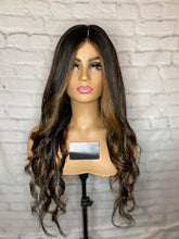 Load image into Gallery viewer, READY TO SHIP Luxury 26” 180% Dark Brown Balayage Silk Top Cap Wig Human Hair Swiss Glueless Sale Bleached Knots
